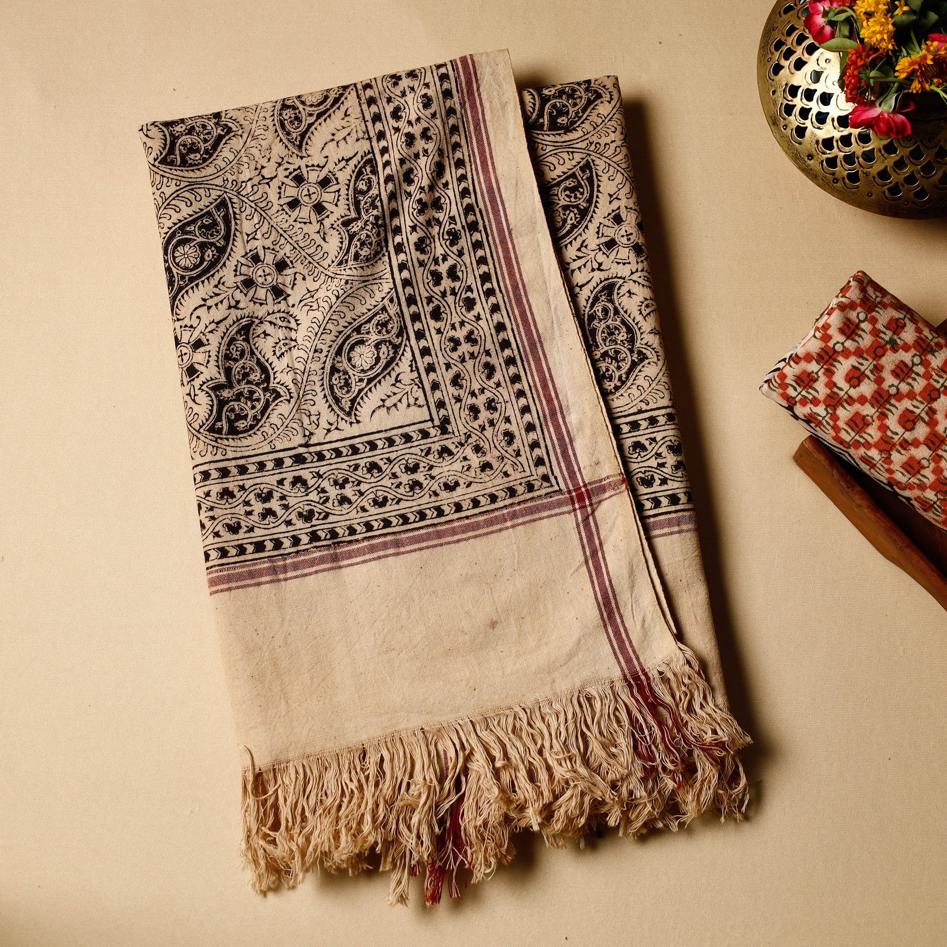 Beige - Pedana Kalamkari Block Printed Handloom Cotton Towel