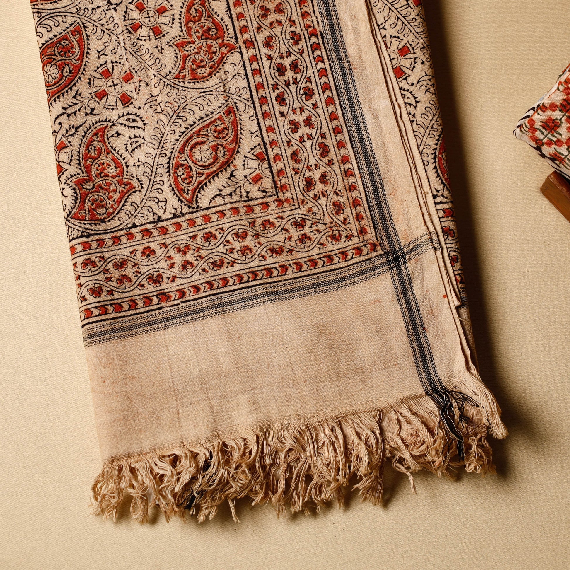 Beige - Pedana Kalamkari Block Printed Handloom Cotton Towel