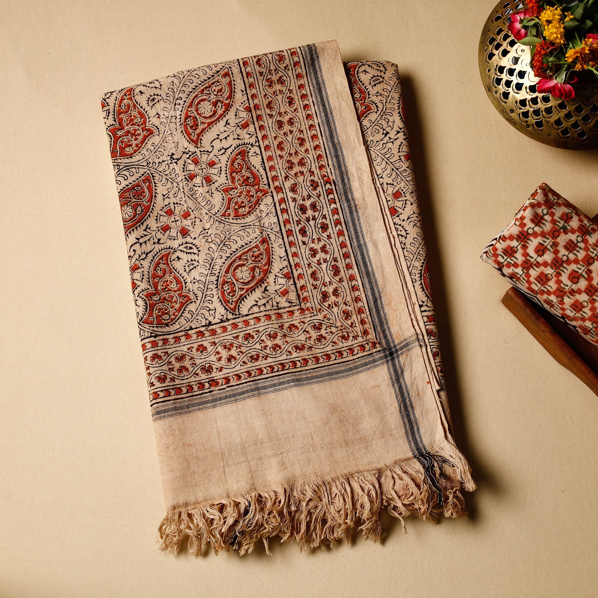 Beige - Pedana Kalamkari Block Printed Handloom Cotton Towel
