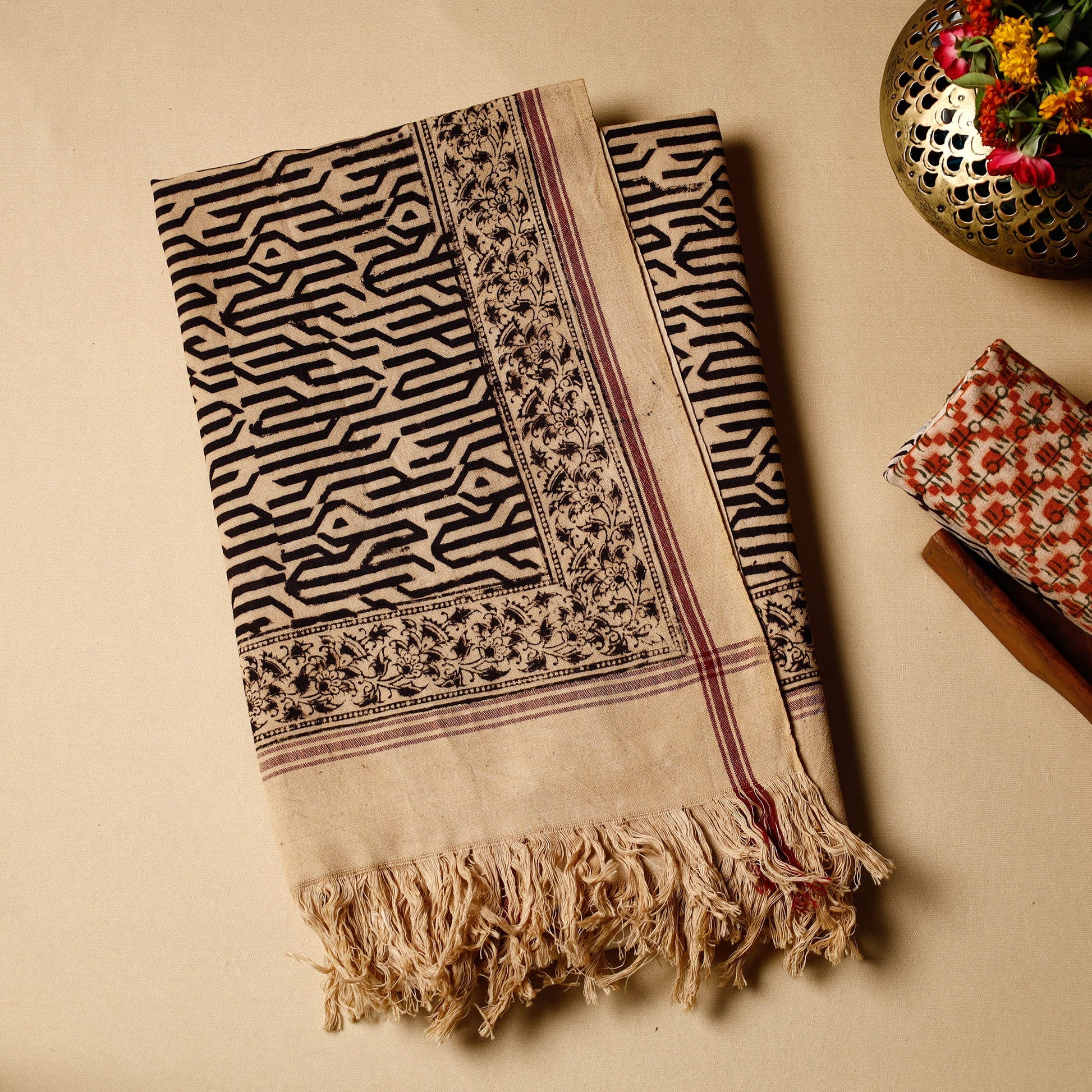 Black - Pedana Kalamkari Block Printed Handloom Cotton Towel