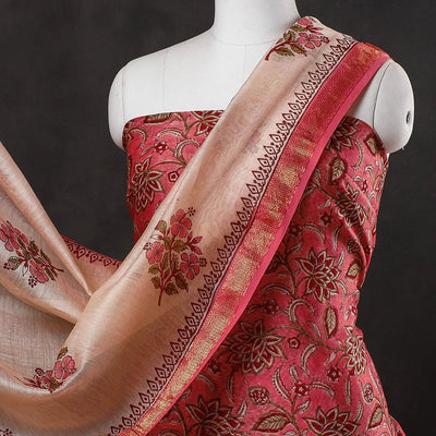 3pc Sanganeri Block Printed Maheshwari Silk Suit Material Set