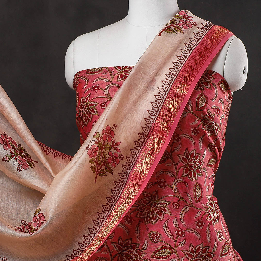 3pc Sanganeri Block Printed Maheshwari Silk Suit Material Set
