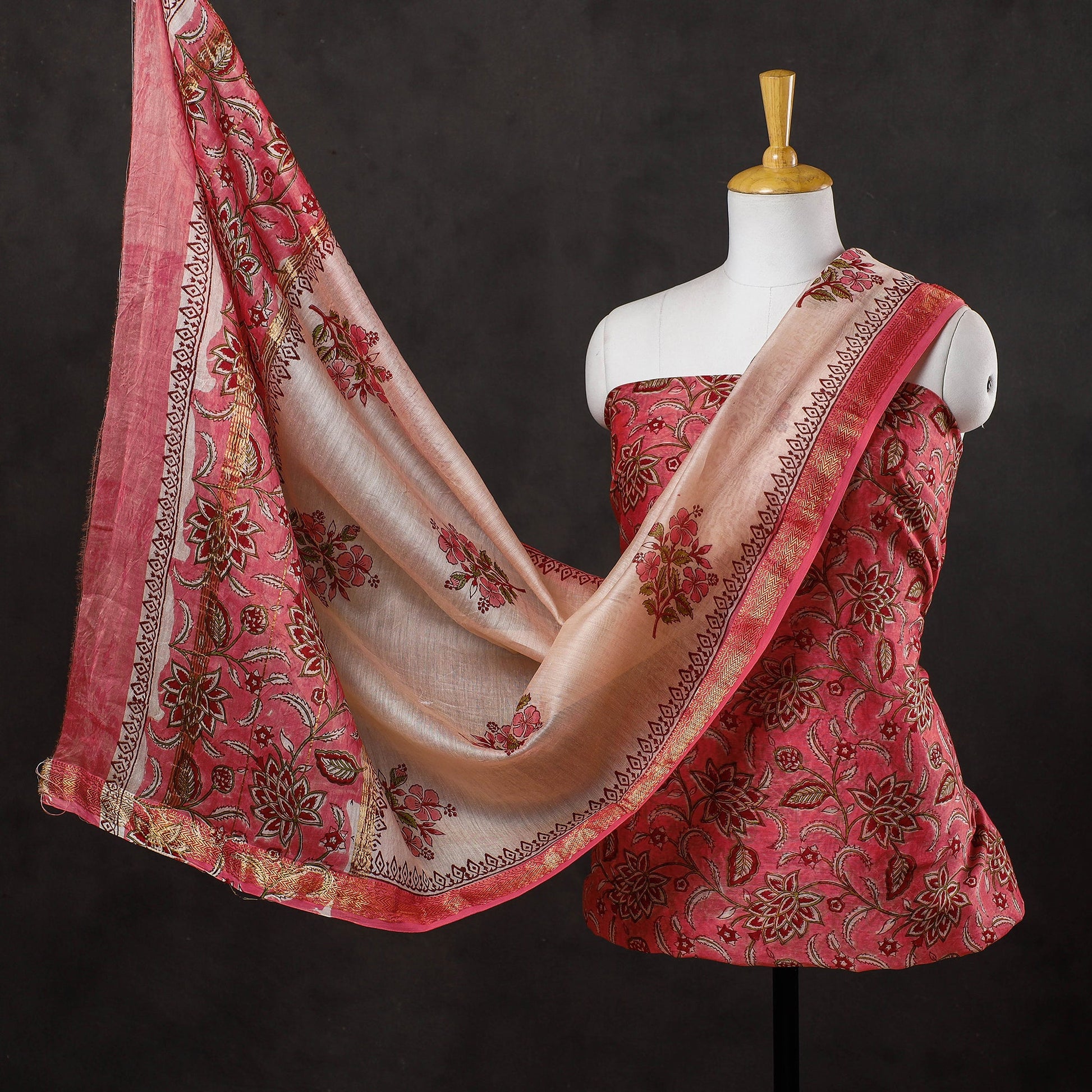 3pc Sanganeri Block Printed Maheshwari Silk Suit Material Set
