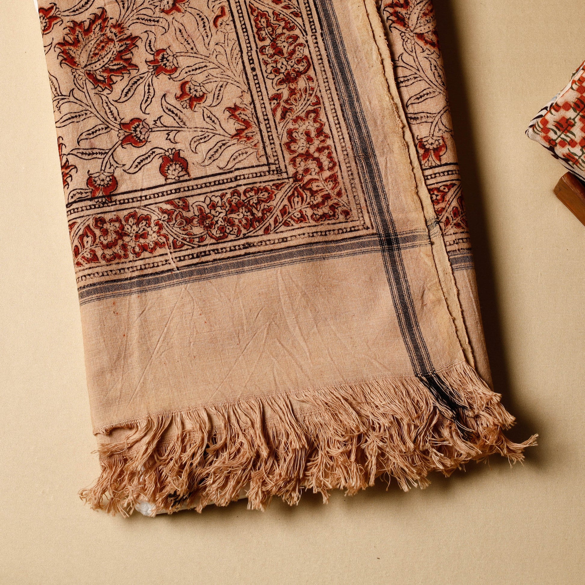 Beige - Pedana Kalamkari Block Printed Handloom Cotton Towel