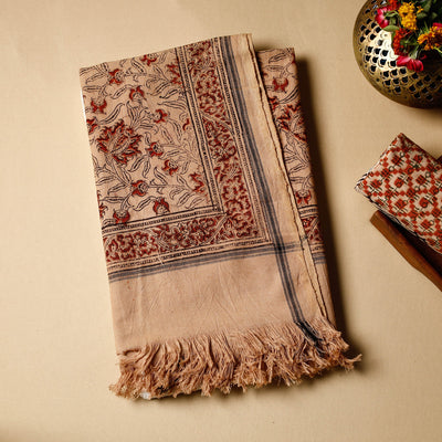 Beige - Pedana Kalamkari Block Printed Handloom Cotton Towel
