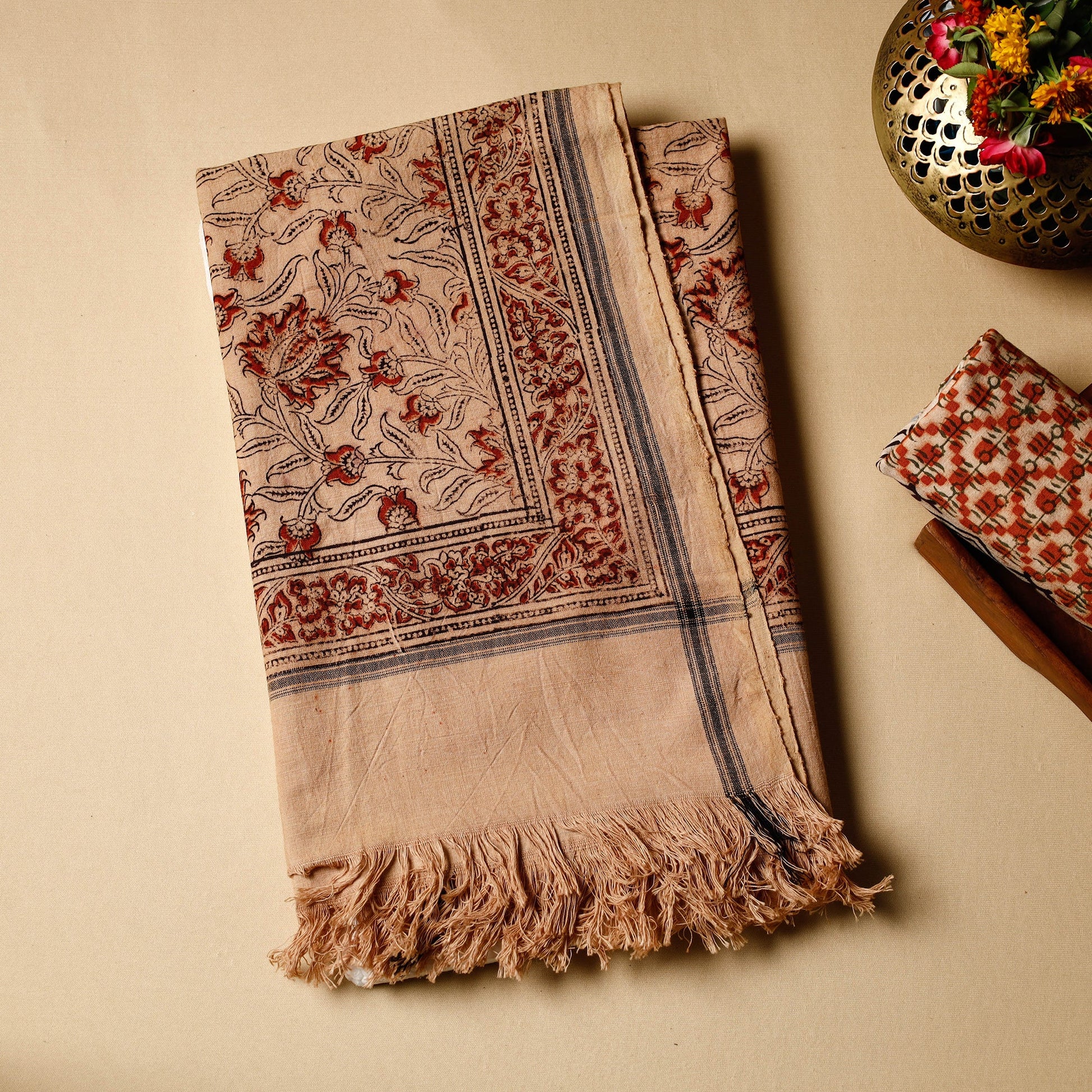 Beige - Pedana Kalamkari Block Printed Handloom Cotton Towel