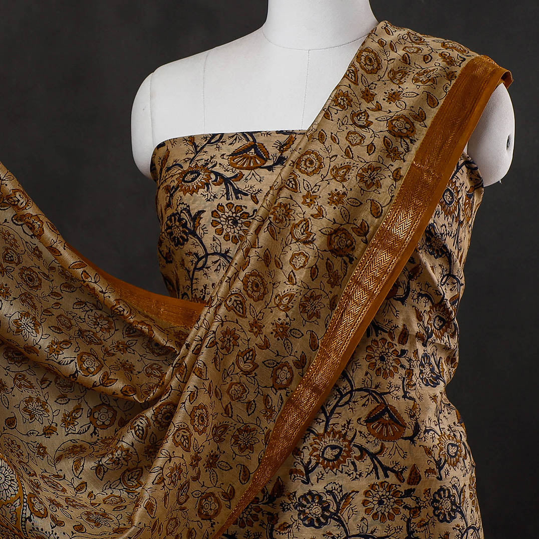 3pc Sanganeri Block Printed Maheshwari Silk Suit Material Set
