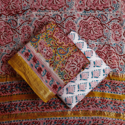 3pc Sanganeri Block Printed Maheshwari Silk Suit Material Set