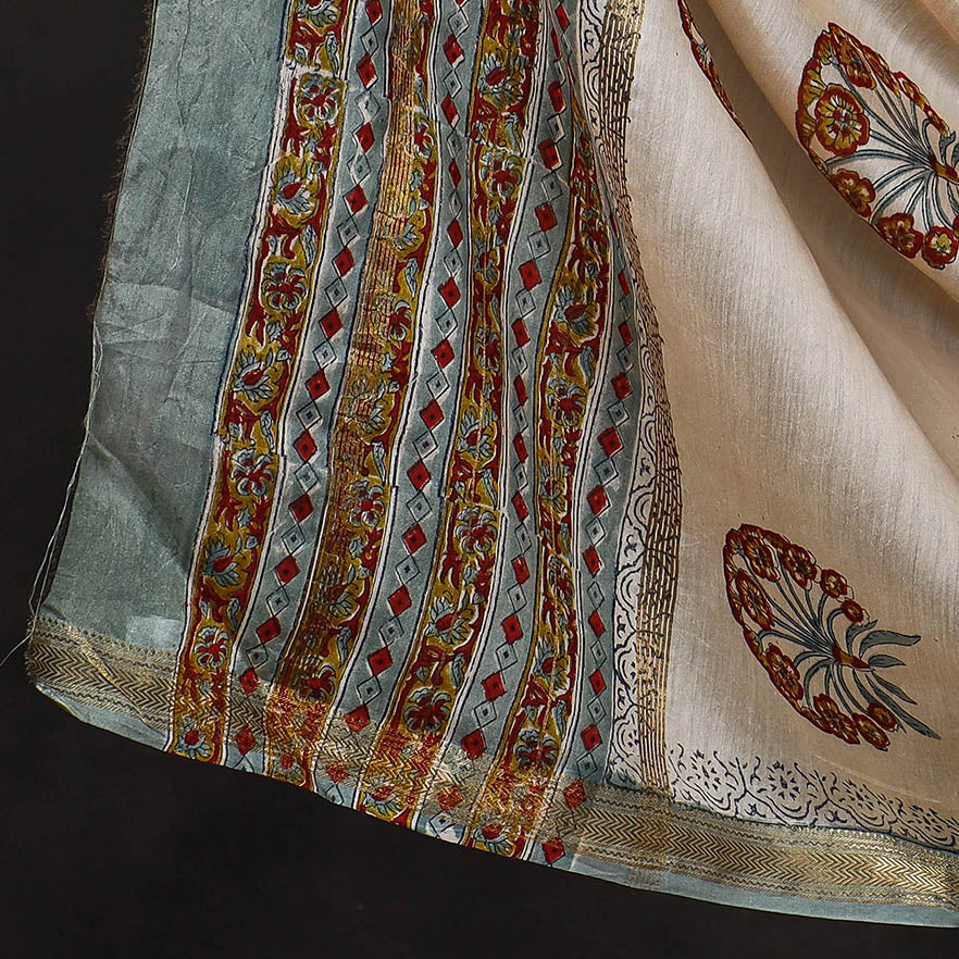3pc Sanganeri Block Printed Maheshwari Silk Suit Material Set