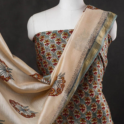 3pc Sanganeri Block Printed Maheshwari Silk Suit Material Set