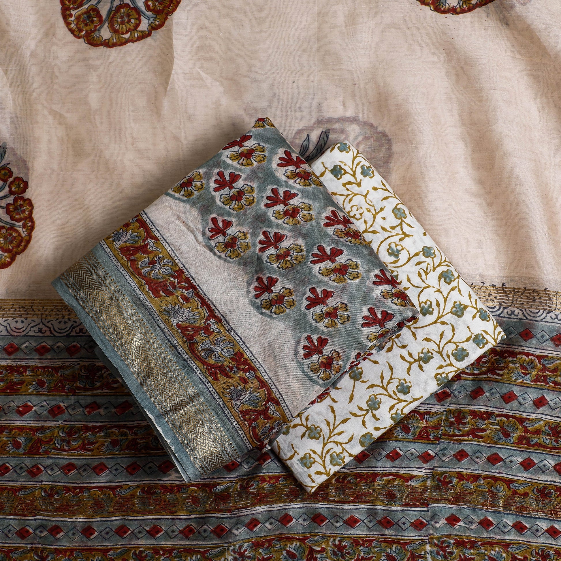 3pc Sanganeri Block Printed Maheshwari Silk Suit Material Set