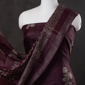 Brown - 2pc Block Printed Tussar Silk Handloom Suit Material Set