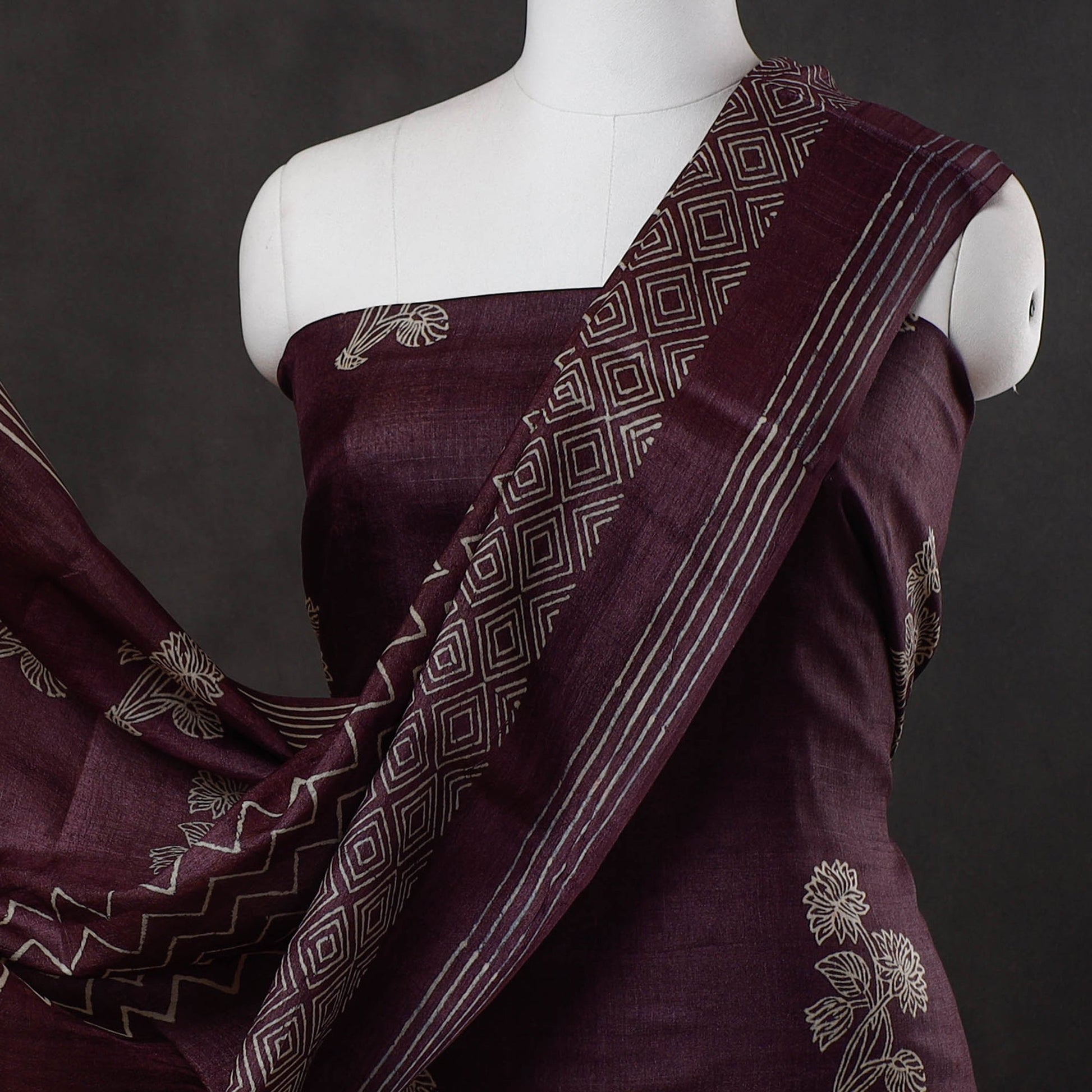 Brown - 2pc Block Printed Tussar Silk Handloom Suit Material Set