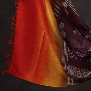 Brown - 2pc Block Printed Tussar Silk Handloom Suit Material Set