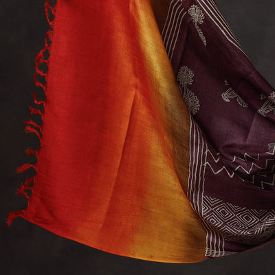 Brown - 2pc Block Printed Tussar Silk Handloom Suit Material Set