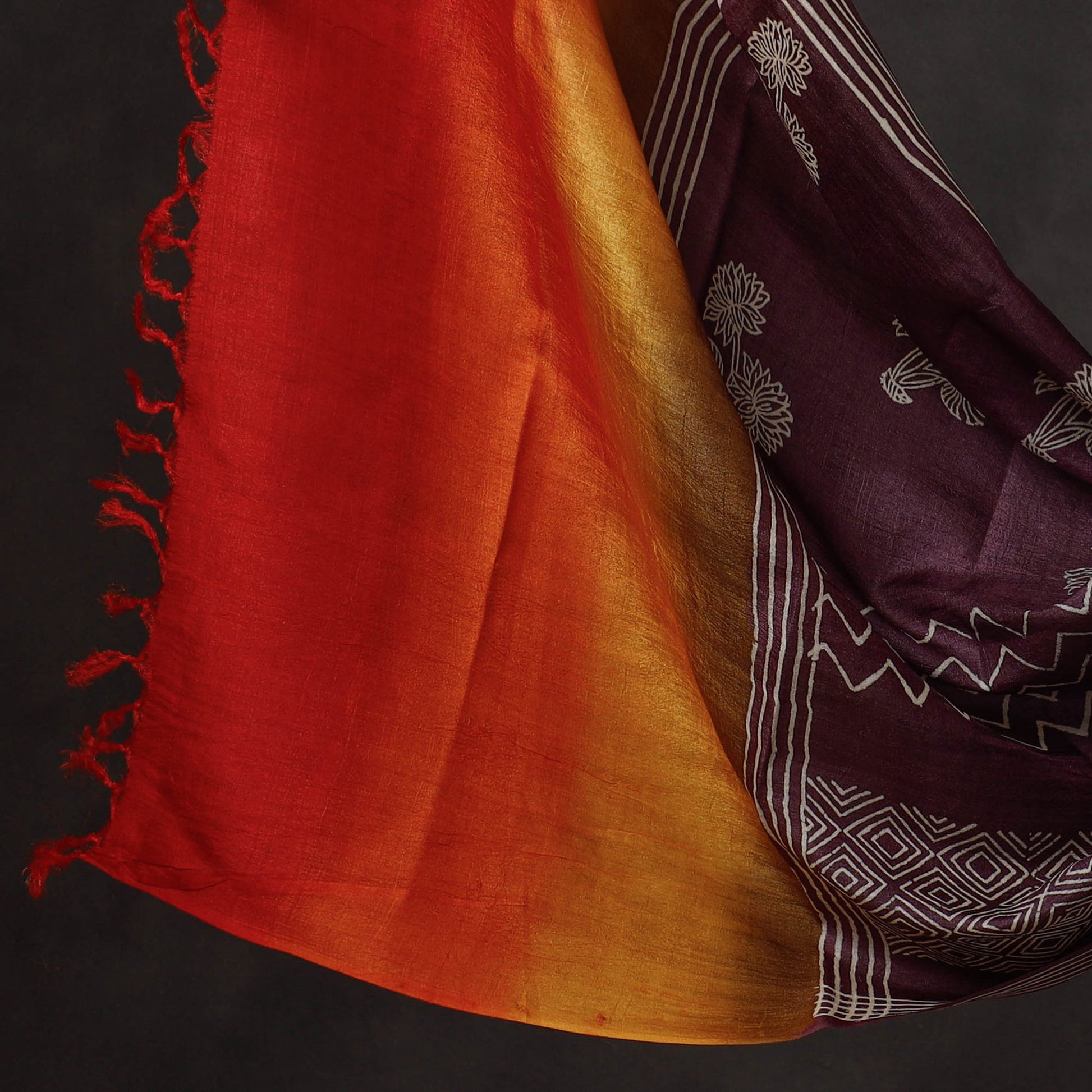 Brown - 2pc Block Printed Tussar Silk Handloom Suit Material Set