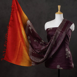 Brown - 2pc Block Printed Tussar Silk Handloom Suit Material Set