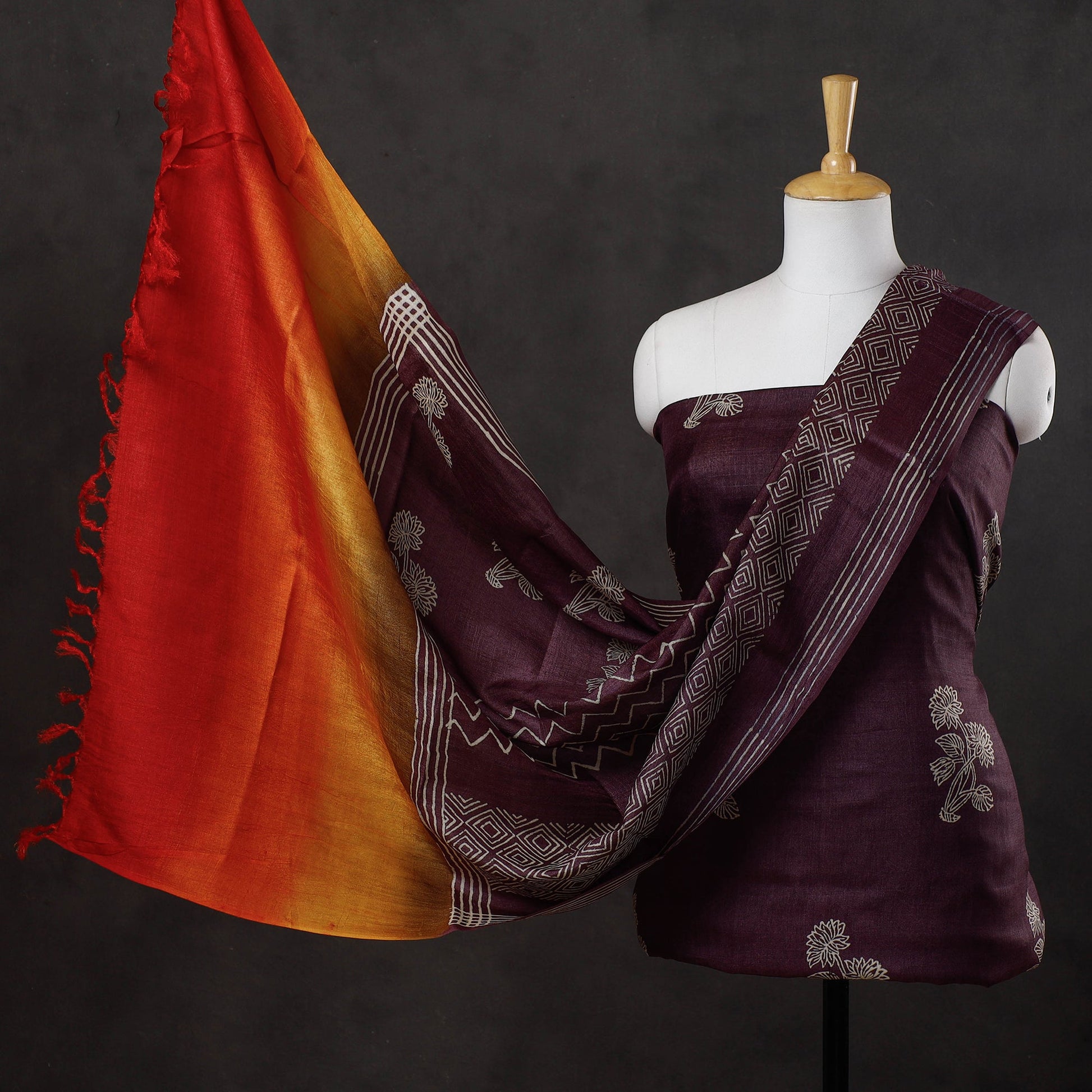 Brown - 2pc Block Printed Tussar Silk Handloom Suit Material Set
