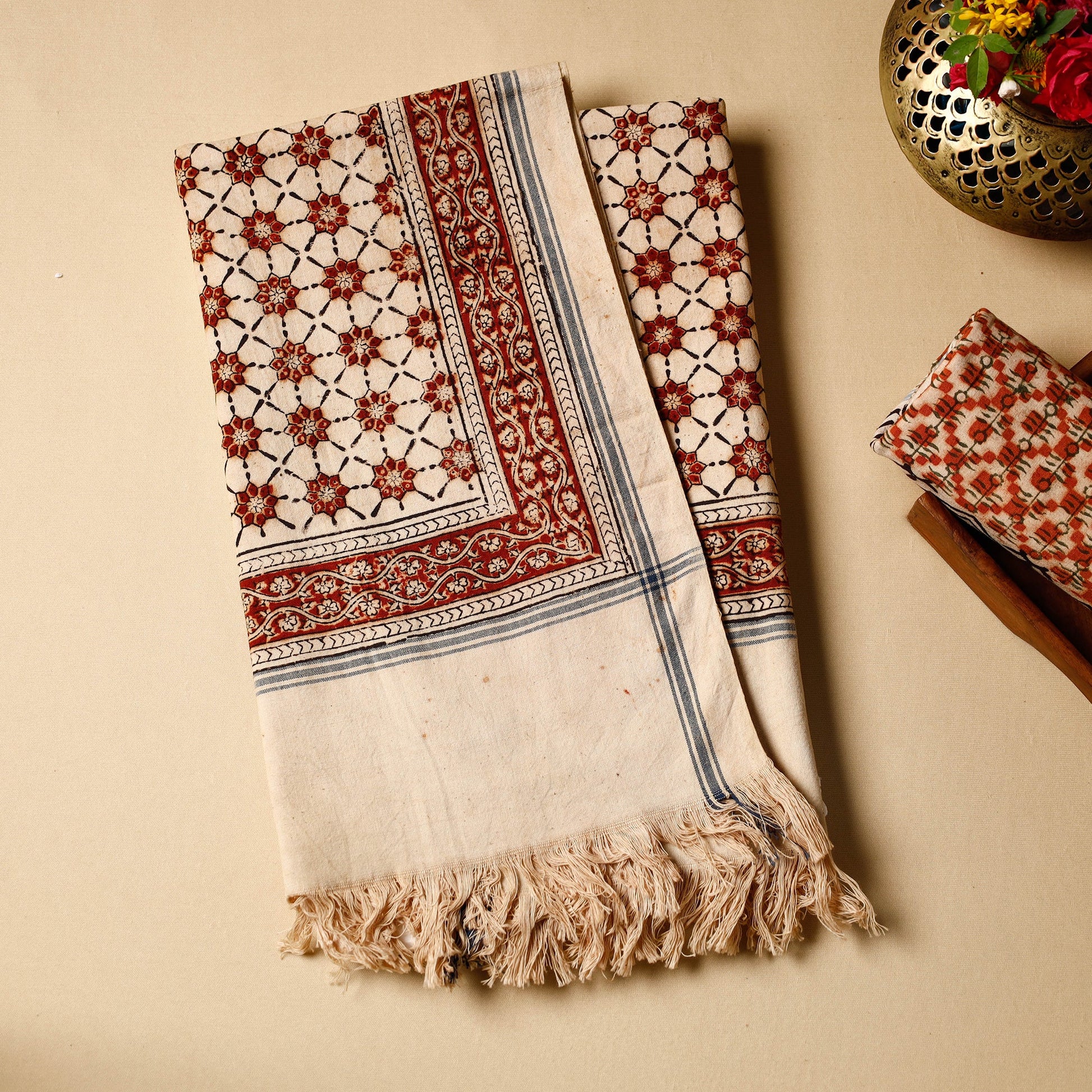 Beige - Pedana Kalamkari Block Printed Handloom Cotton Towel
