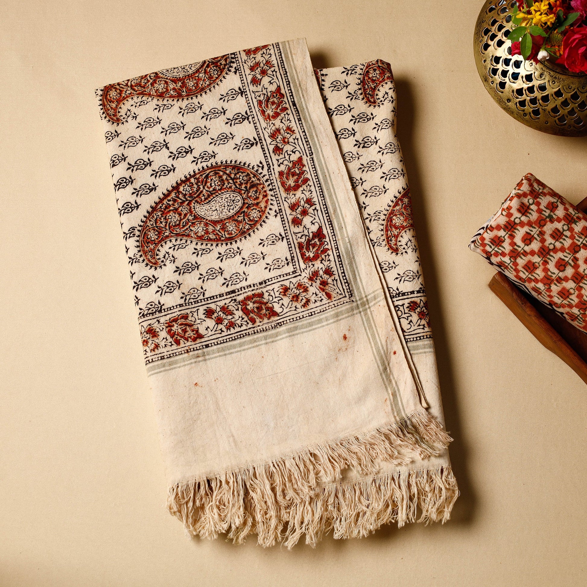 Beige - Pedana Kalamkari Block Printed Handloom Cotton Towel