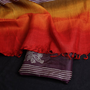 Brown - 2pc Block Printed Tussar Silk Handloom Suit Material Set