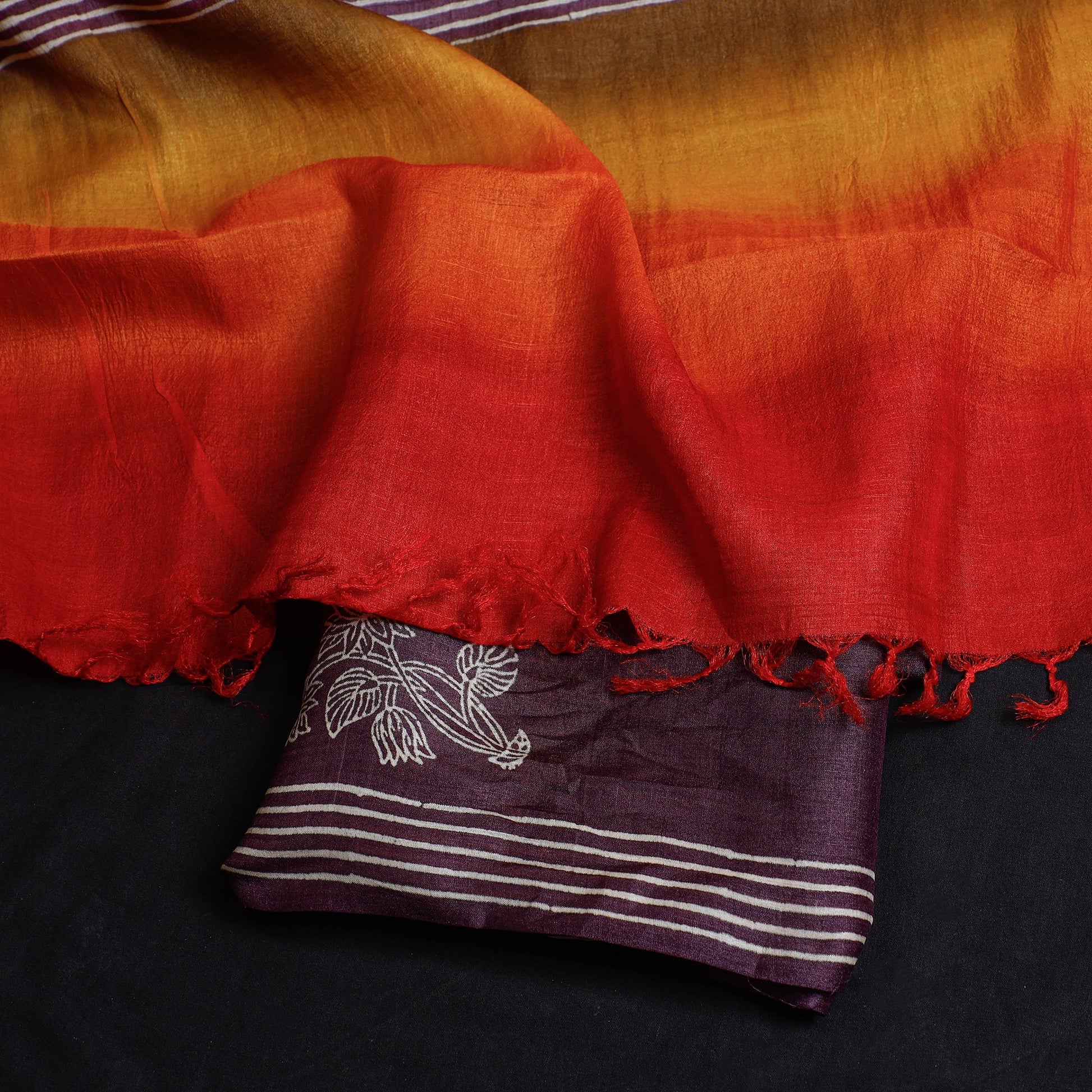 Brown - 2pc Block Printed Tussar Silk Handloom Suit Material Set