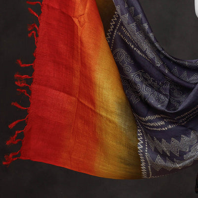 Black - 2pc Block Printed Tussar Silk Handloom Suit Material Set