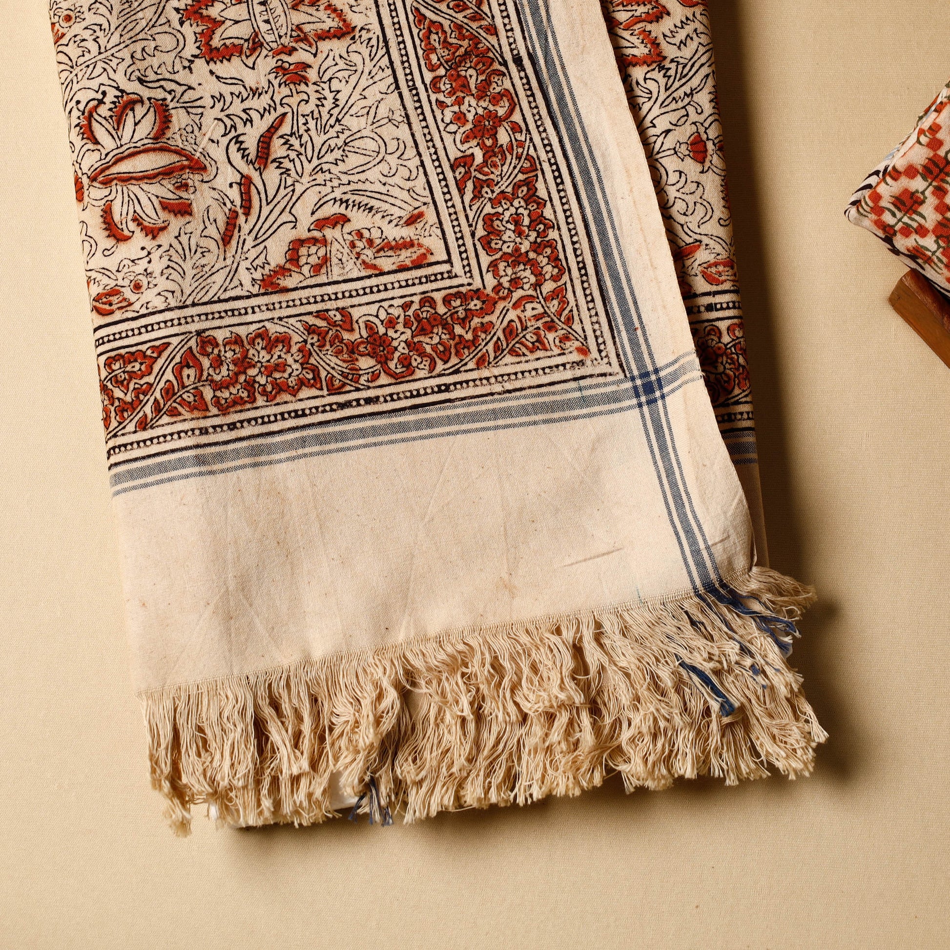 Beige - Pedana Kalamkari Block Printed Handloom Cotton Towel
