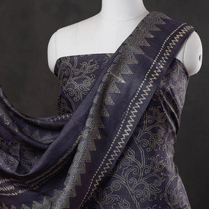 Black - 2pc Block Printed Tussar Silk Handloom Suit Material Set