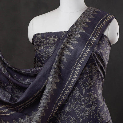Black - 2pc Block Printed Tussar Silk Handloom Suit Material Set