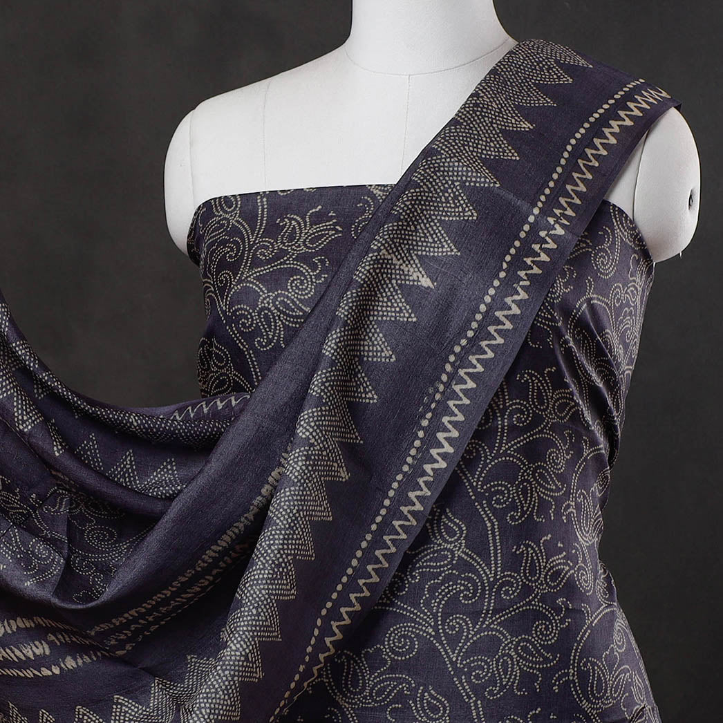Black - 2pc Block Printed Tussar Silk Handloom Suit Material Set