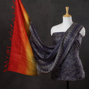 Black - 2pc Block Printed Tussar Silk Handloom Suit Material Set