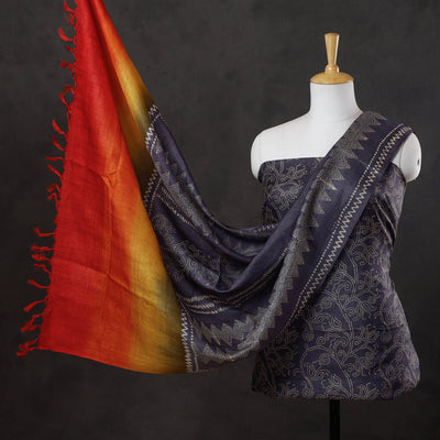 Black - 2pc Block Printed Tussar Silk Handloom Suit Material Set