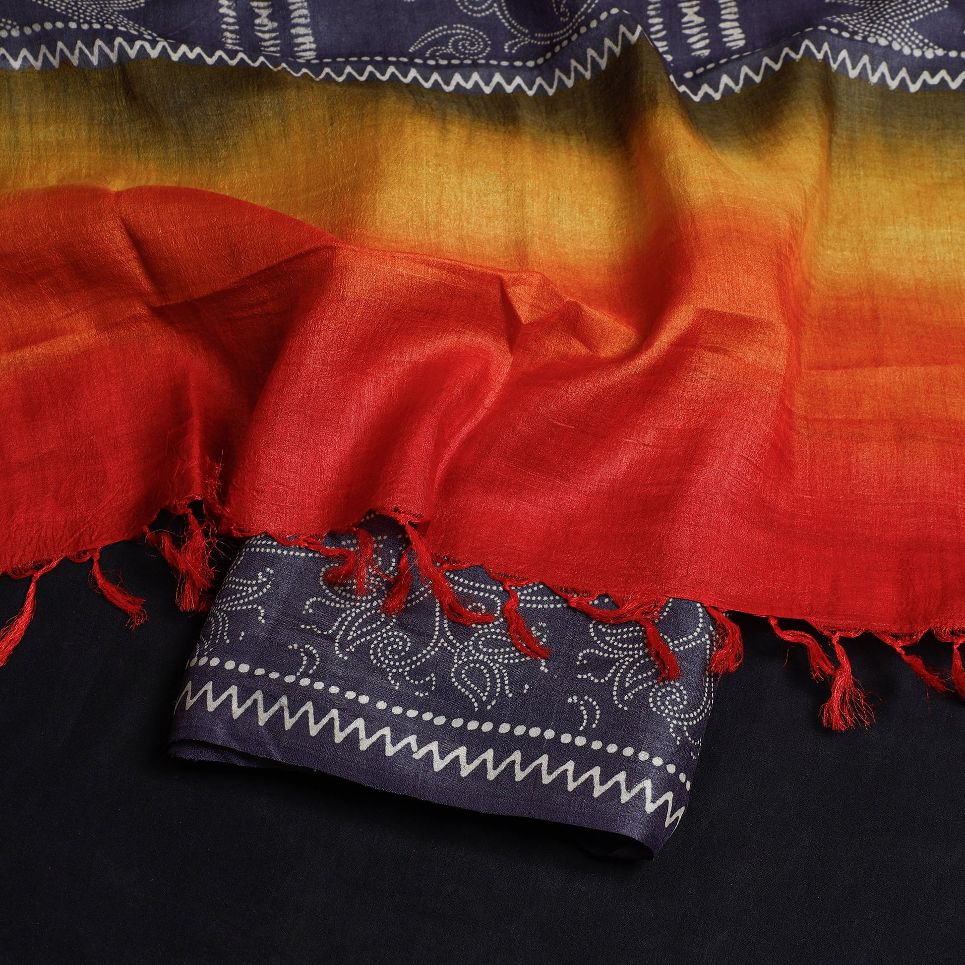 Black - 2pc Block Printed Tussar Silk Handloom Suit Material Set