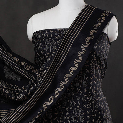 Black - 2pc Block Printed Tussar Silk Handloom Suit Material Set