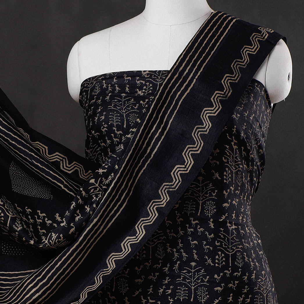 Black - 2pc Block Printed Tussar Silk Handloom Suit Material Set
