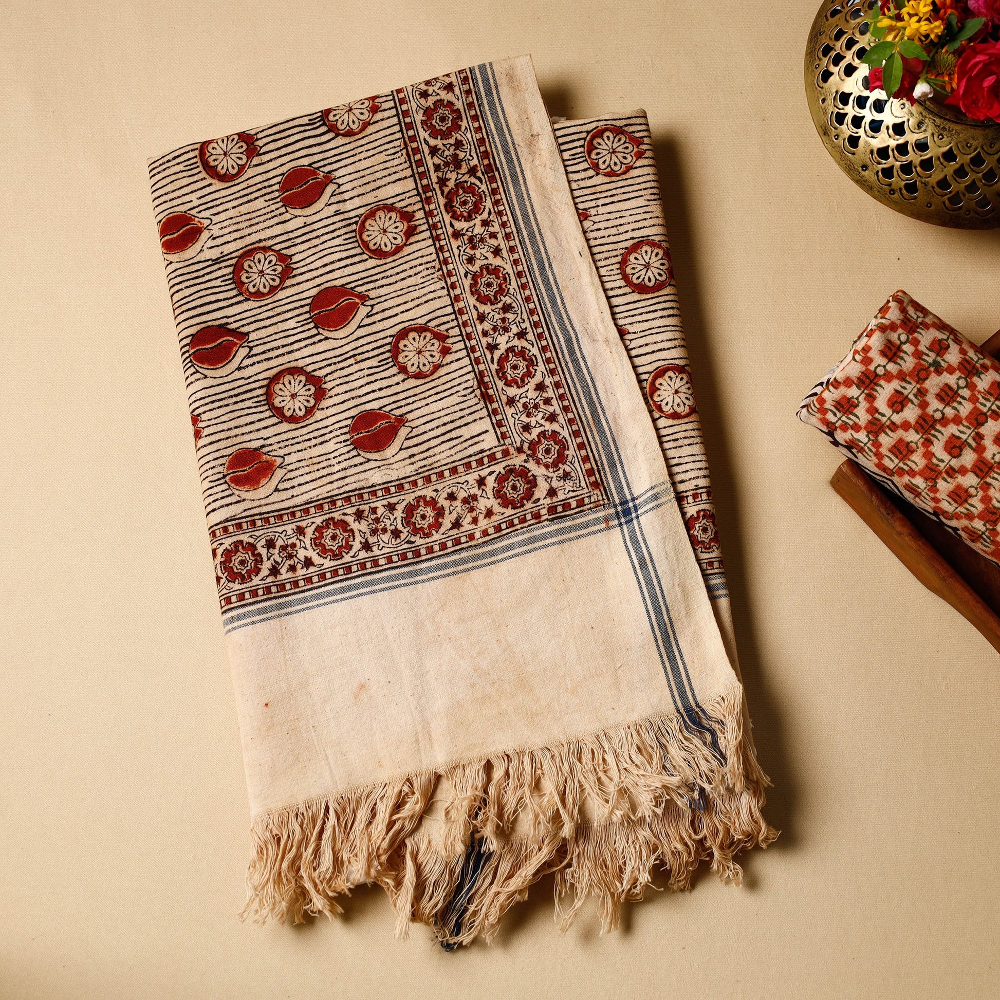 Beige - Pedana Kalamkari Block Printed Handloom Cotton Towel