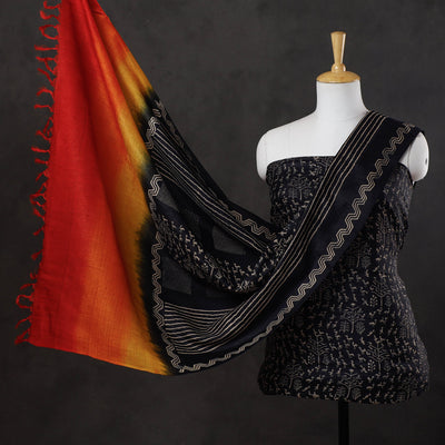 Black - 2pc Block Printed Tussar Silk Handloom Suit Material Set