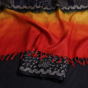 Black - 2pc Block Printed Tussar Silk Handloom Suit Material Set
