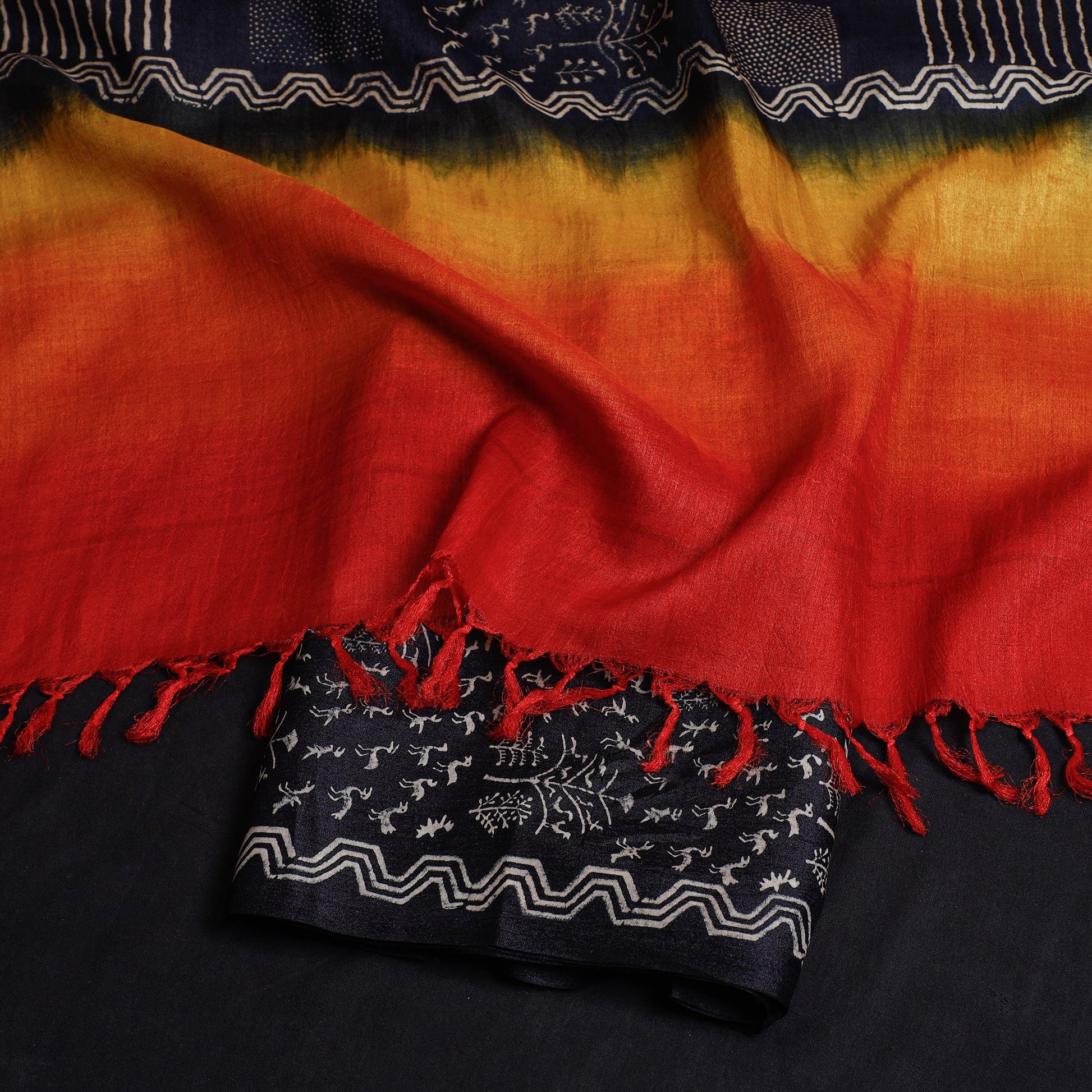 Black - 2pc Block Printed Tussar Silk Handloom Suit Material Set