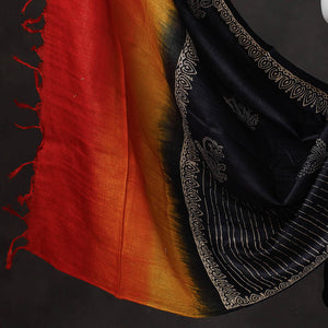 Black - 2pc Block Printed Tussar Silk Handloom Suit Material Set