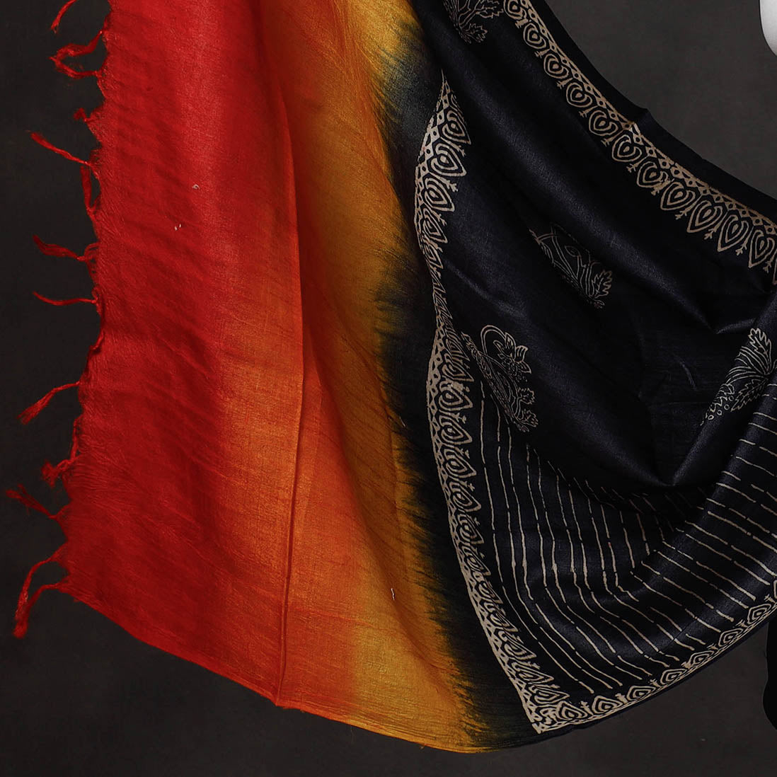 Black - 2pc Block Printed Tussar Silk Handloom Suit Material Set