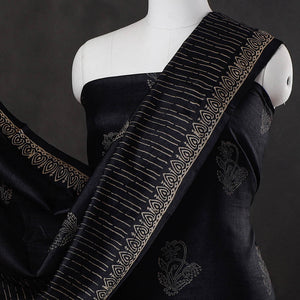 Black - 2pc Block Printed Tussar Silk Handloom Suit Material Set