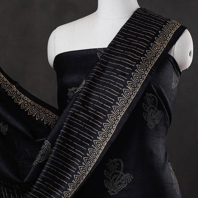 Black - 2pc Block Printed Tussar Silk Handloom Suit Material Set