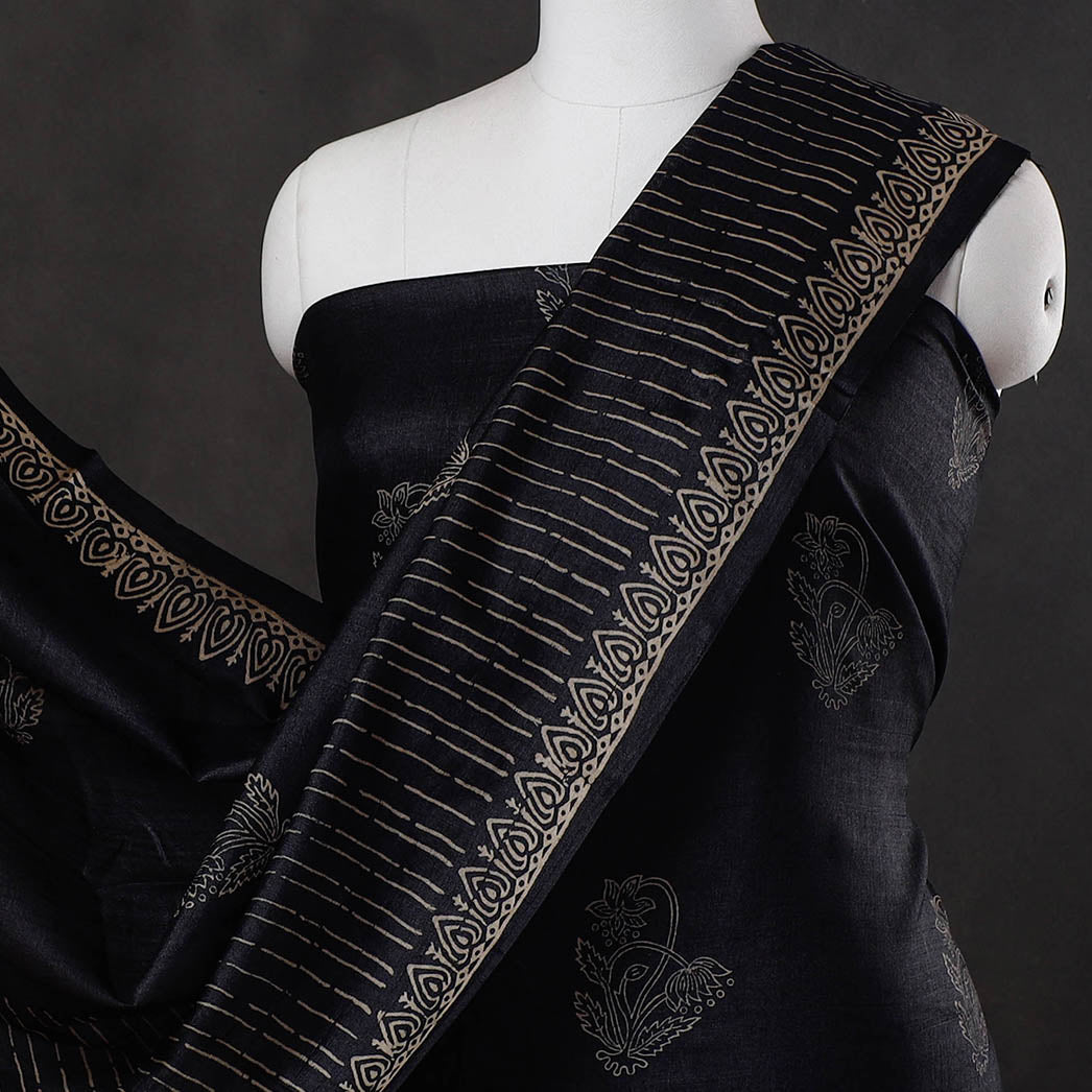 Black - 2pc Block Printed Tussar Silk Handloom Suit Material Set