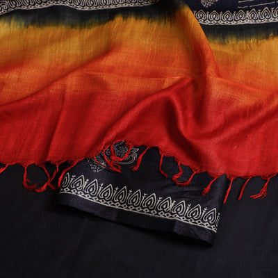 Black - 2pc Block Printed Tussar Silk Handloom Suit Material Set