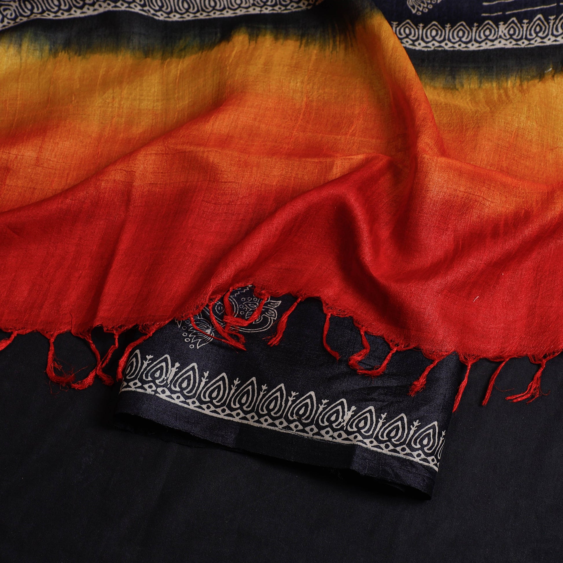 Black - 2pc Block Printed Tussar Silk Handloom Suit Material Set