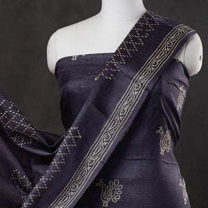 Blue - 2pc Block Printed Tussar Silk Handloom Suit Material Set