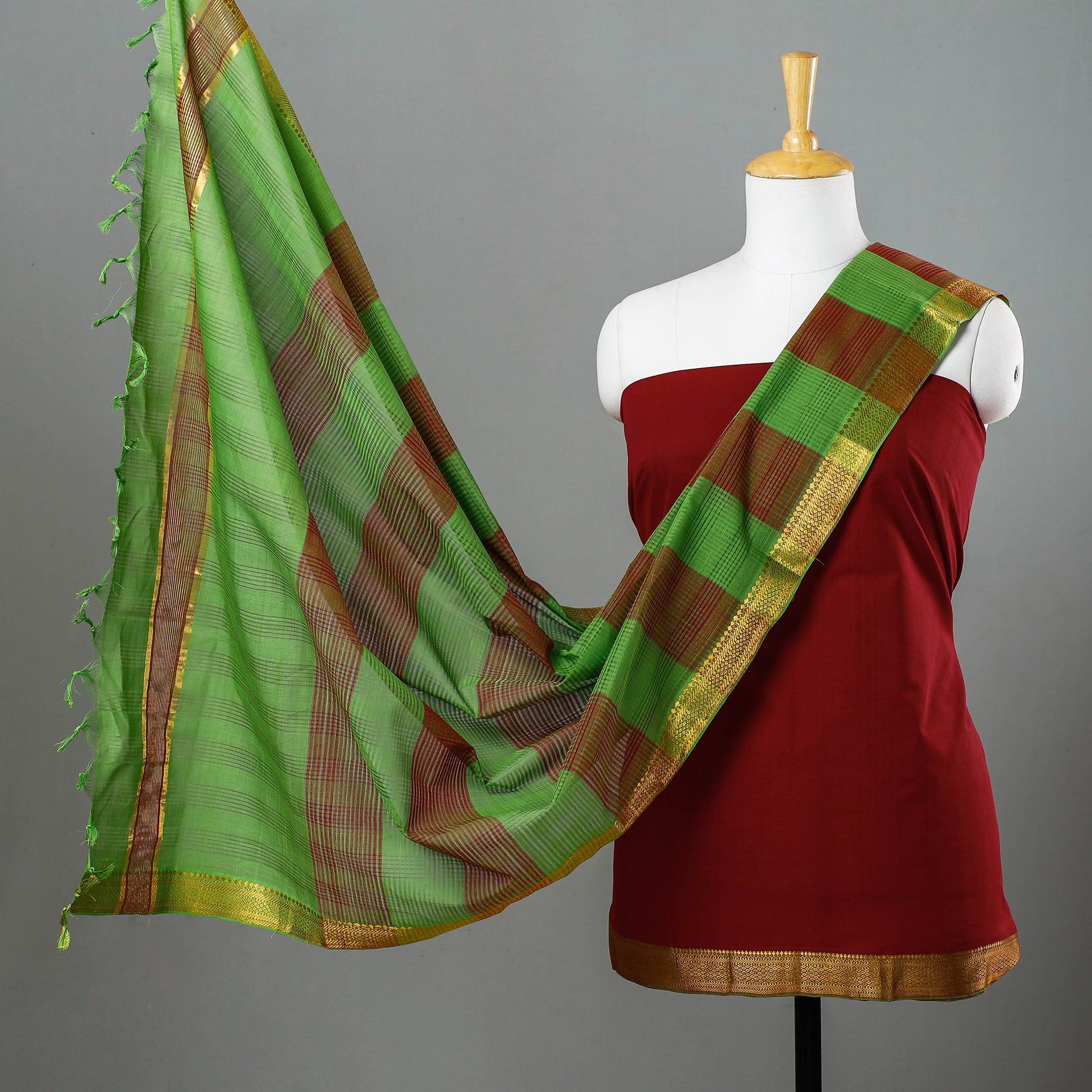 3pc Mangalagiri Handloom Cotton Suit Material Set with Zari Border