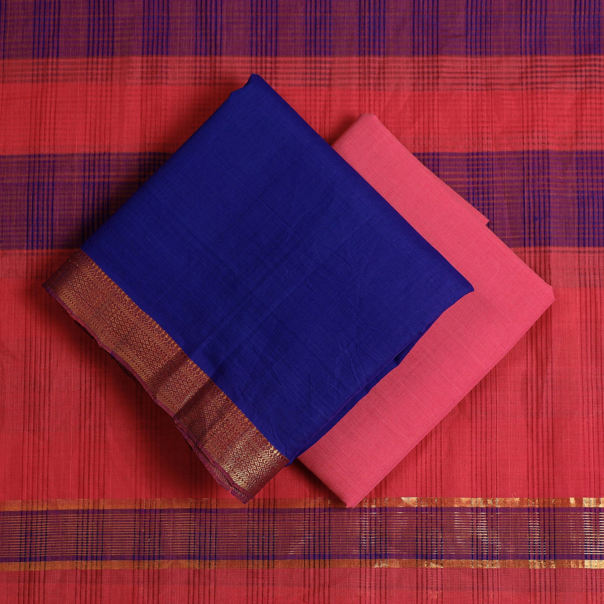 Blue - 3pc Mangalagiri Handloom Cotton Suit Material Set with Zari Border